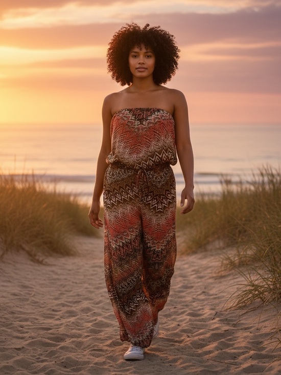 feathers Pants - Feathers 3X Strapless Chevron-Print Jumpsuit in Rust Dusty Rose Brown Drawstring